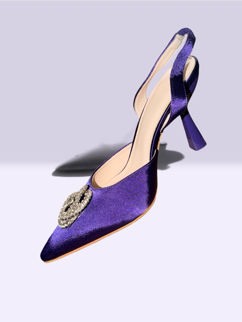 Elegant Purple Satin Slingback Heels with Crystal Brooch